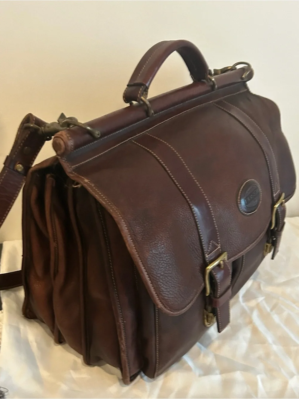 Vintage Fossil Brown Leather Briefcase Messenger Laptop Bag Travel Work Satchel